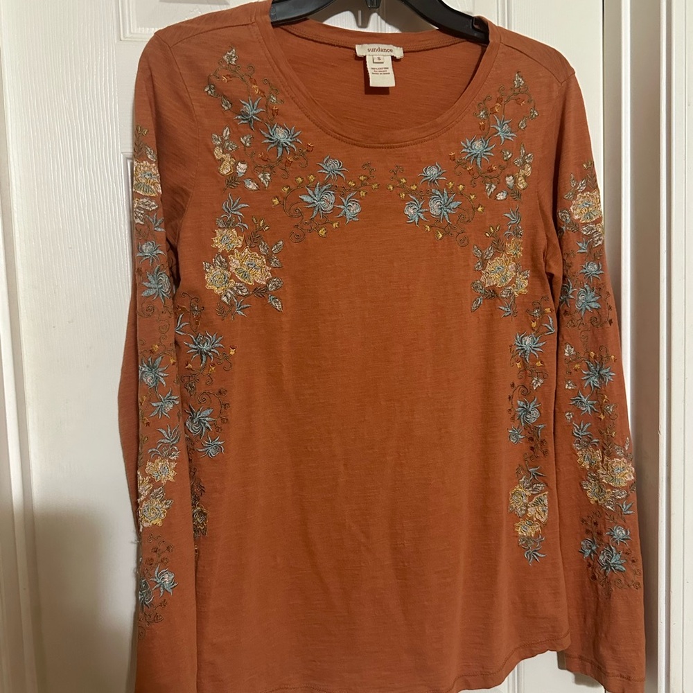 Sundance Orange Floral Embroidered Long Sleeve Top